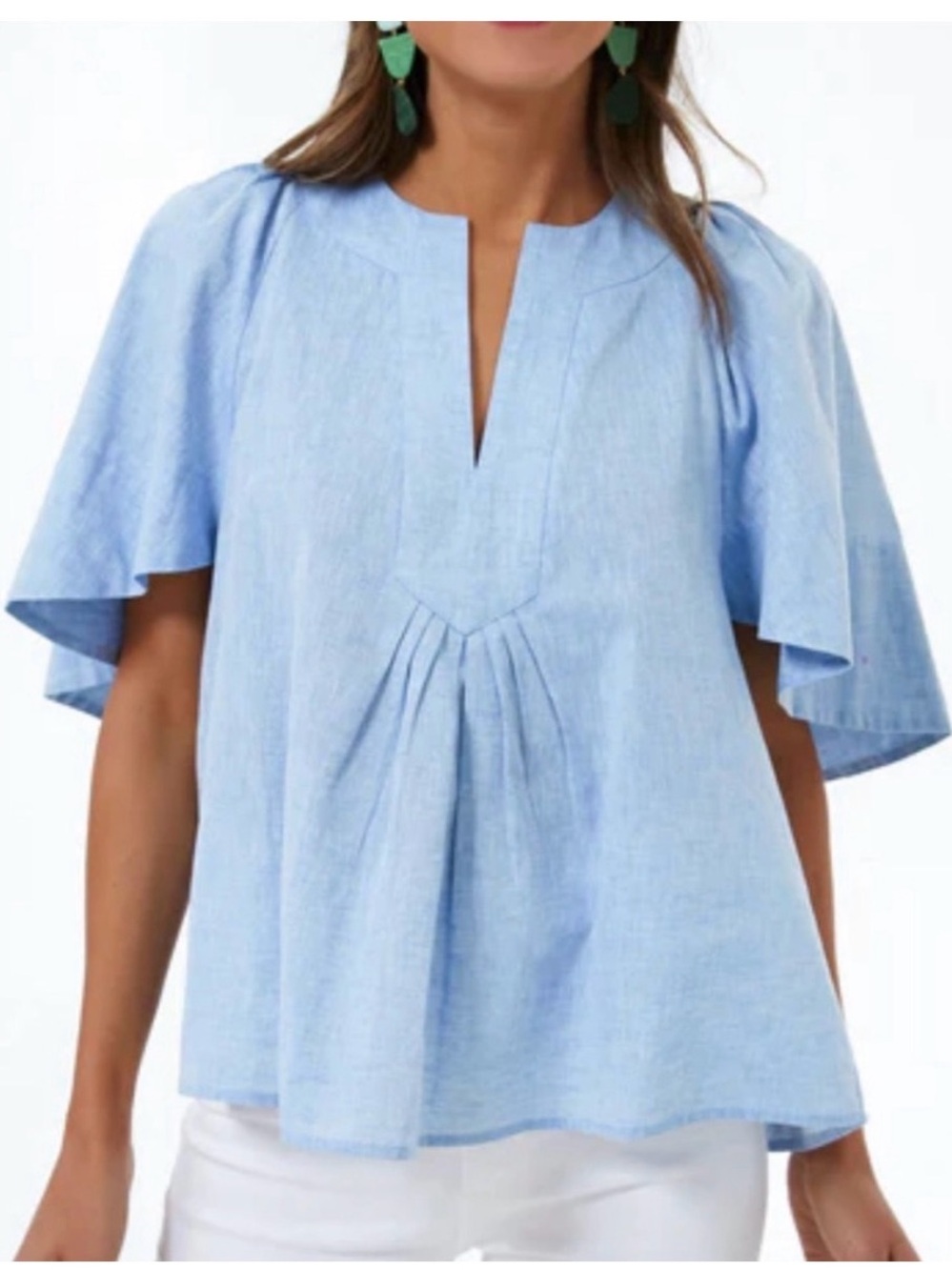 Tuckernuck - Pomander Place Light Blue Flutter-Sleeve Split Neck Top.